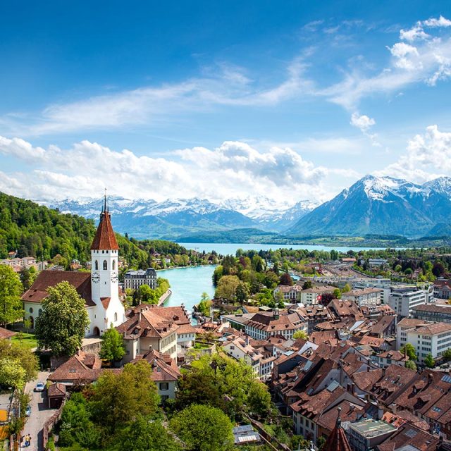 Best of Switzerland Panorama of Thun city  in the canton of Bern with Alps and Thunersee lake, Switzerland.